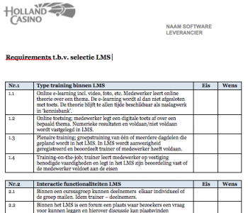 Holland Casino Requirements t.b.v. selectie LMS